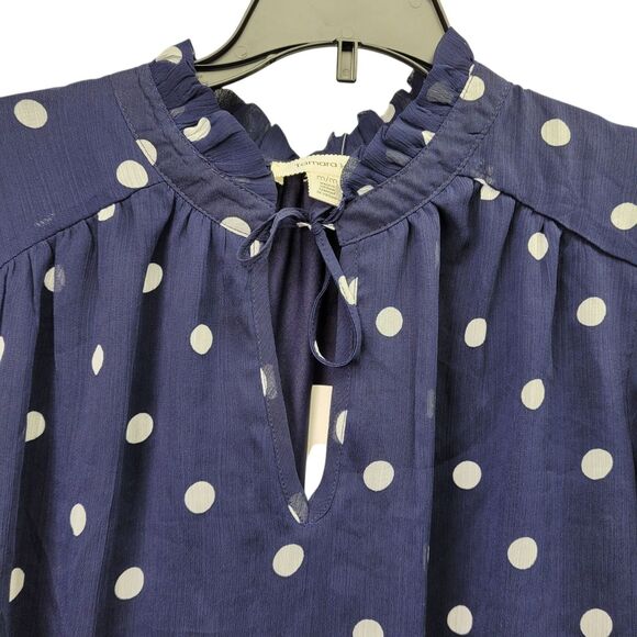 Tamara H. Womens Navy Blue Polka Dot V-neck With Tie Short Sleeve Blouse Medium - Picture 3 of 10
